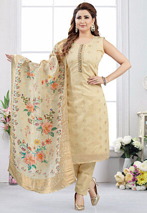 Woven Art Silk Jacquard Pakistani Suit in Light Beige