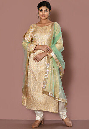 Woven Art Silk Jacquard Pakistani Suit in Light Beige
