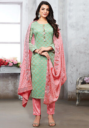 Woven Art Silk Jacquard Pakistani Suit in Light Green