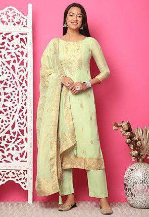 Woven Art Silk Jacquard Pakistani Suit in Light Green