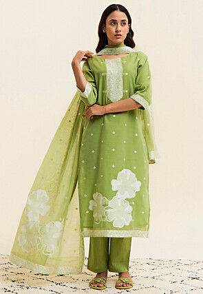 Woven Art Silk Jacquard Pakistani Suit in Light Green