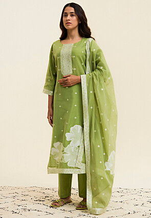 Woven Art Silk Jacquard Pakistani Suit in Light Green