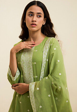 Woven Art Silk Jacquard Pakistani Suit in Light Green