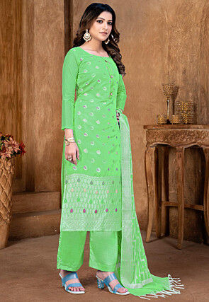 Woven Art Silk Jacquard Pakistani Suit in Light Green