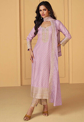 Woven Art Silk Jacquard Pakistani Suit in Light Purple