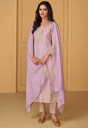 Woven Art Silk Jacquard Pakistani Suit in Light Purple
