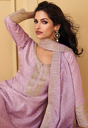 Woven Art Silk Jacquard Pakistani Suit in Light Purple