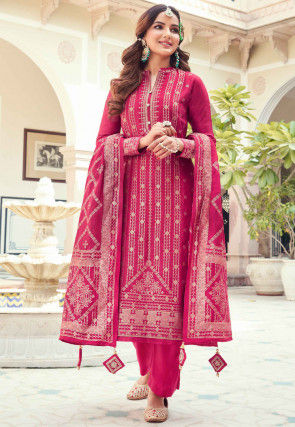 Woven Art Silk Jacquard Pakistani Suit in Fuchsia