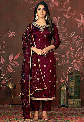 Woven Art Silk Jacquard Pakistani Suit in Maroon