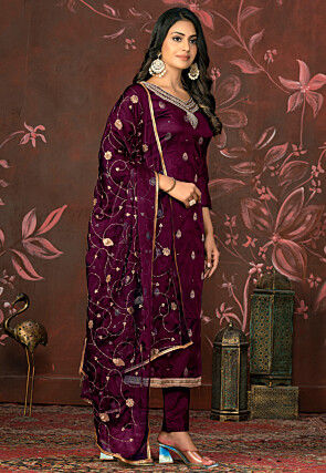 Woven Art Silk Jacquard Pakistani Suit in Maroon