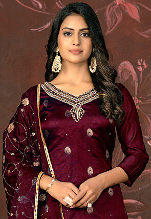 Woven Art Silk Jacquard Pakistani Suit in Maroon