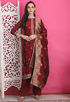 Woven Art Silk Jacquard Pakistani Suit in Maroon