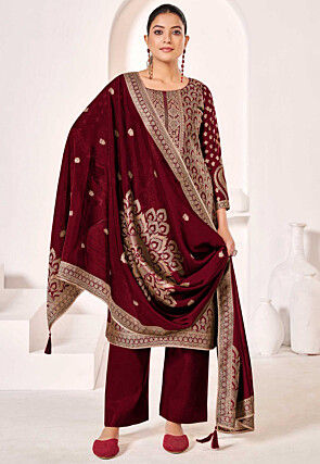 Woven Art Silk Jacquard Pakistani Suit in Maroon