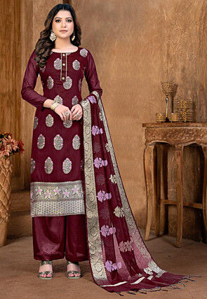 Woven Art Silk Jacquard Pakistani Suit in Maroon