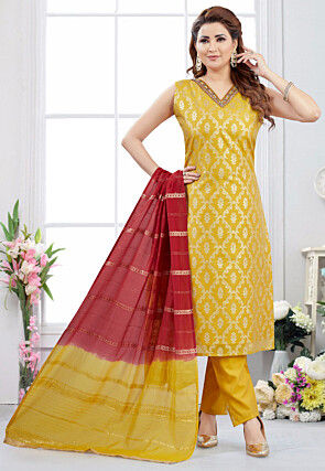 Woven Art Silk Jacquard Pakistani Suit in Mustard