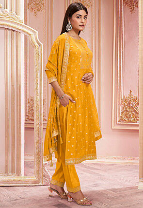 Woven Art Silk Jacquard Pakistani Suit in Mustard
