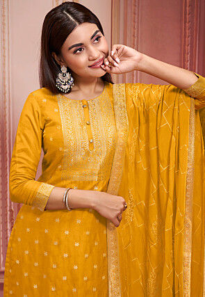 Woven Art Silk Jacquard Pakistani Suit in Mustard