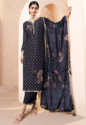Woven Art Silk Jacquard Pakistani Suit in Navy Blue