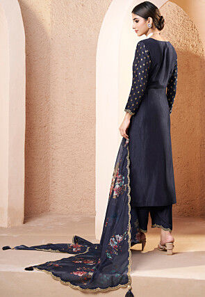 Woven Art Silk Jacquard Pakistani Suit in Navy Blue