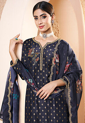 Woven Art Silk Jacquard Pakistani Suit in Navy Blue