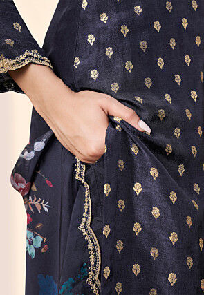 Woven Art Silk Jacquard Pakistani Suit in Navy Blue