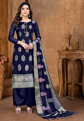 Woven Art Silk Jacquard Pakistani Suit in Navy Blue
