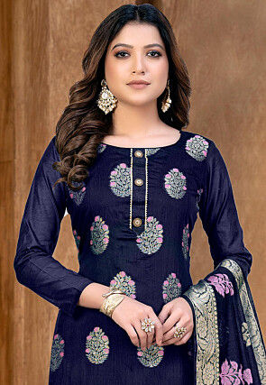 Woven Art Silk Jacquard Pakistani Suit in Navy Blue