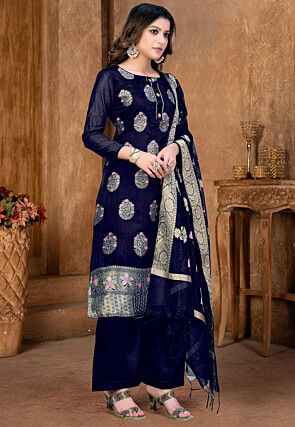 Woven Art Silk Jacquard Pakistani Suit in Navy Blue