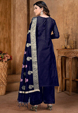 Woven Art Silk Jacquard Pakistani Suit in Navy Blue