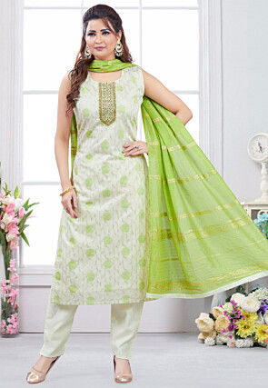 Woven Art Silk Jacquard Pakistani Suit in Off White