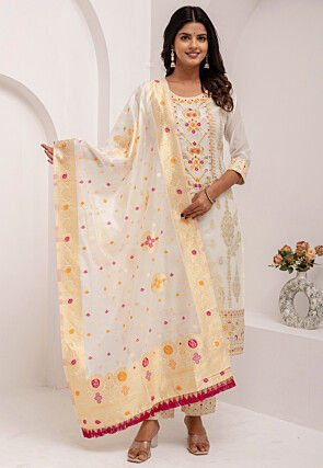 Woven Art Silk Jacquard Pakistani Suit in Off White