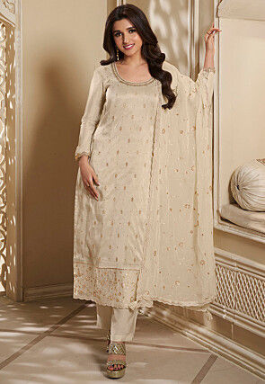 Woven Art Silk Jacquard Pakistani Suit in Off White