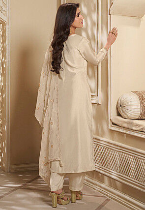 Woven Art Silk Jacquard Pakistani Suit in Off White