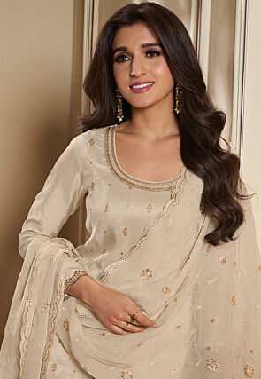 Woven Art Silk Jacquard Pakistani Suit in Off White