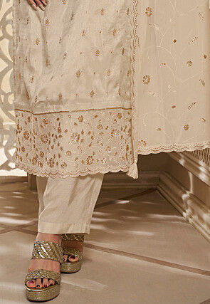 Woven Art Silk Jacquard Pakistani Suit in Off White