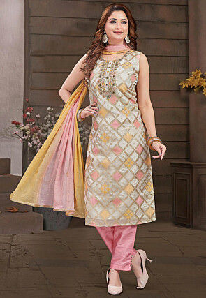 Woven Art Silk Jacquard Pakistani Suit in Off White