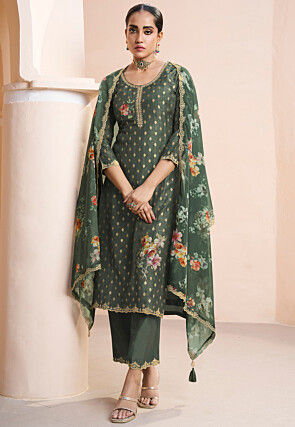 Woven Art Silk Jacquard Pakistani Suit in Olive Green