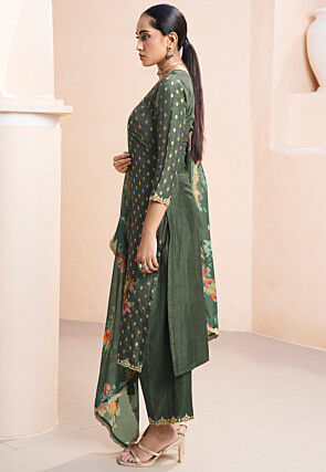 Woven Art Silk Jacquard Pakistani Suit in Olive Green