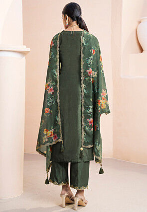 Woven Art Silk Jacquard Pakistani Suit in Olive Green