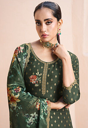 Woven Art Silk Jacquard Pakistani Suit in Olive Green