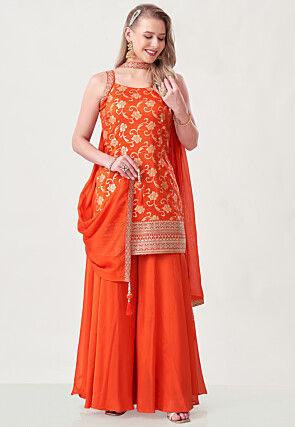 Woven Art Silk Jacquard Pakistani Suit in Orange