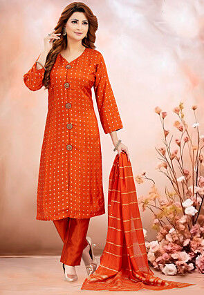 Woven Art Silk Jacquard Pakistani Suit in Orange