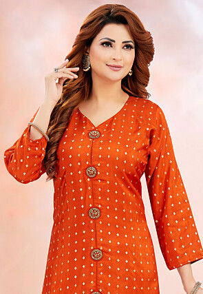 Woven Art Silk Jacquard Pakistani Suit in Orange