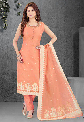 Woven Art Silk Jacquard Pakistani Suit in Orange