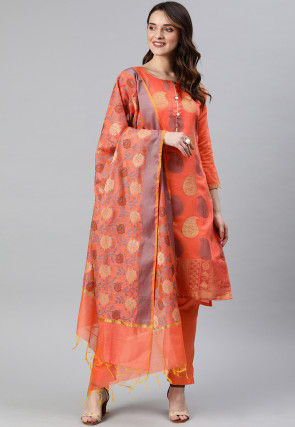 Woven Art Silk Jacquard Pakistani Suit in Orange