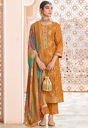 Woven Art Silk Jacquard Pakistani Suit in Orange