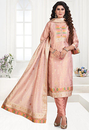 Woven Art Silk Jacquard Pakistani Suit in Peach