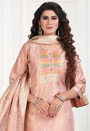 Woven Art Silk Jacquard Pakistani Suit in Peach