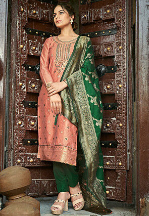 Woven Art Silk Jacquard Pakistani Suit in Peach