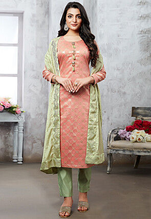 Woven Art Silk Jacquard Pakistani Suit in Peach